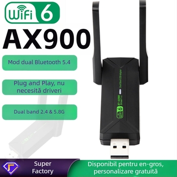 Cardă wireless USB WiFi 6 cu Bluetooth 5.4 – 900 Mbps, interfață USB, dual-band 2.4/5.8 GHz, standard IEEE 802.11ax/ac/a/b/n/g, cip AIC8800M80