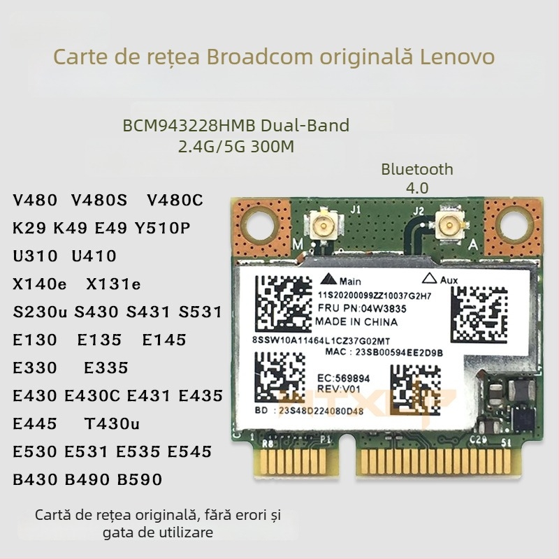 Card rețea wireless BCM943228 pentru Lenovo E430, E431, E530, E49K49 și V480 – 300Mbps, mini PCIe, 802.11a/b/g/n, 2.4/5 GHz + Bluetooth 4.0