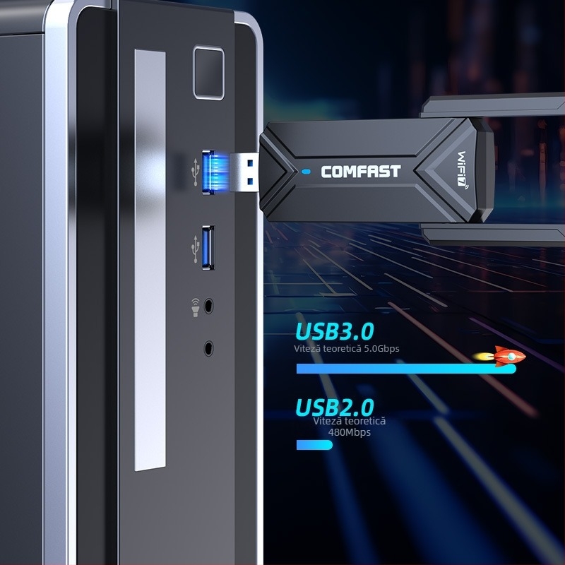 CF-983BE adaptor USB wireless cu Wi‑Fi 7, 6500 Mbps, IEEE 802.11BE, benzi 2.4/5.8/6 GHz