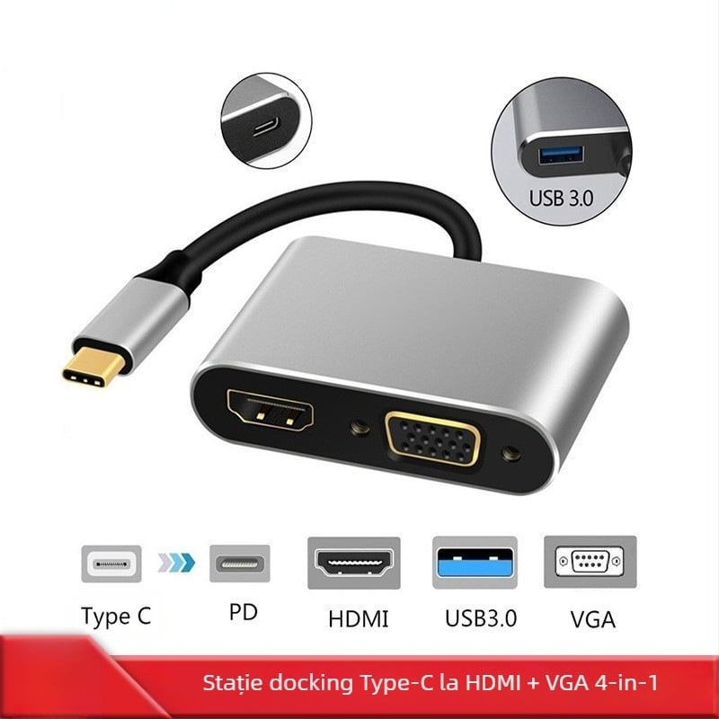 Stație docking USB-C pentru monitor HDMI/VGA, 4 porturi, USB 3.1, 5Gbps, cablu 0,12 m