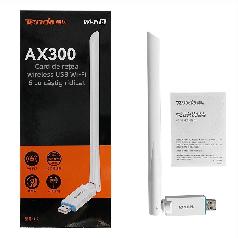 Tenda U2 adaptor USB WiFi (fără driver), 300 Mbps, interfață USB, WiFi 6, pentru PC desktop