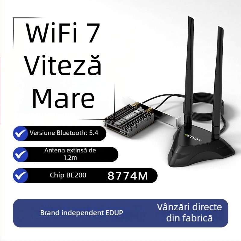 Edup EP-BE9715GS PRO cardă PCIe wireless cu Bluetooth 5.4 – WiFi 7, 8774 Mbps, 2.4–5.8 GHz, antenă extinsă dublă