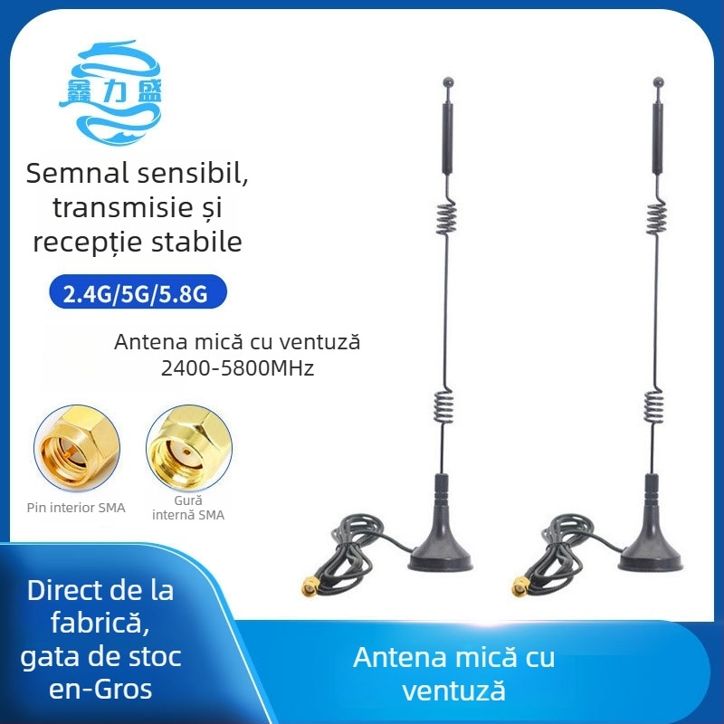 Antena externă dual-band pentru router Wi‑Fi, bandă 2.4–5.8 GHz, câștig 12 dBi, 50 Ω, conector SMA