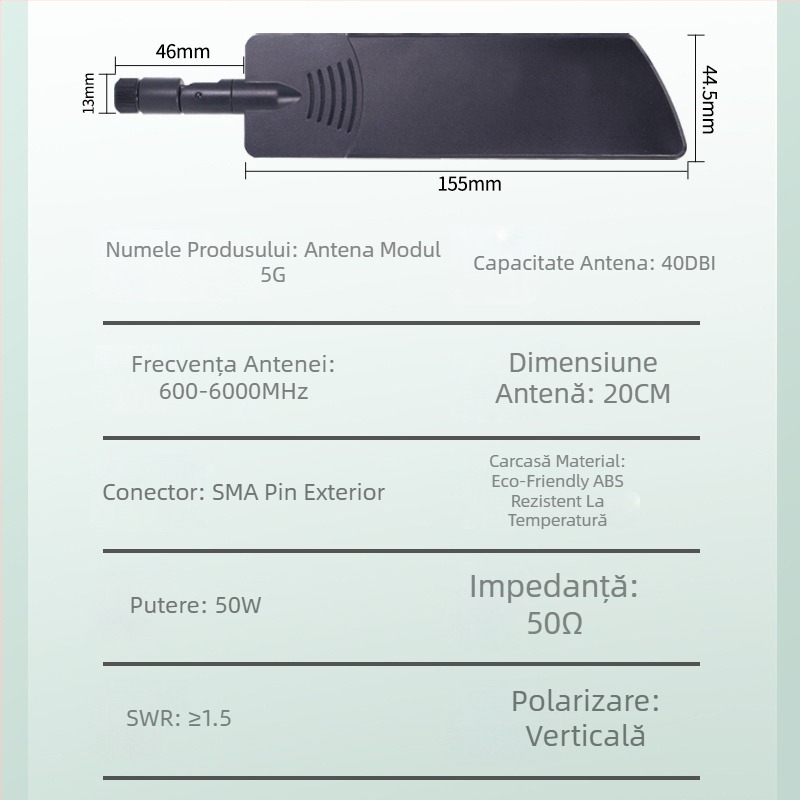Antena omnidirecțională 5G pliabilă tip baton adeziv, 40 dBi, 600-6000 MHz, 50 Ω, interfață SMA