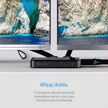 HDMI splitter: 1 intrare, 2 ieșiri; 4K compatibil; distanță de transmisie 20 m; alimentare 5V/1A; model 0103