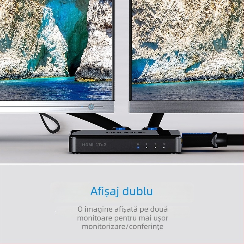 HDMI splitter: 1 intrare, 2 ieșiri; 4K compatibil; distanță de transmisie 20 m; alimentare 5V/1A; model 0103
