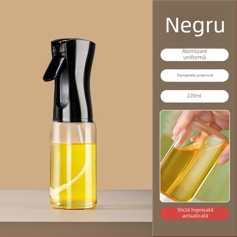 Sticlă spray ulei pentru bucătărie din sticlă — deschidere/închidere automată, design simplu și modern, recipient pentru ulei, lansat în 2025