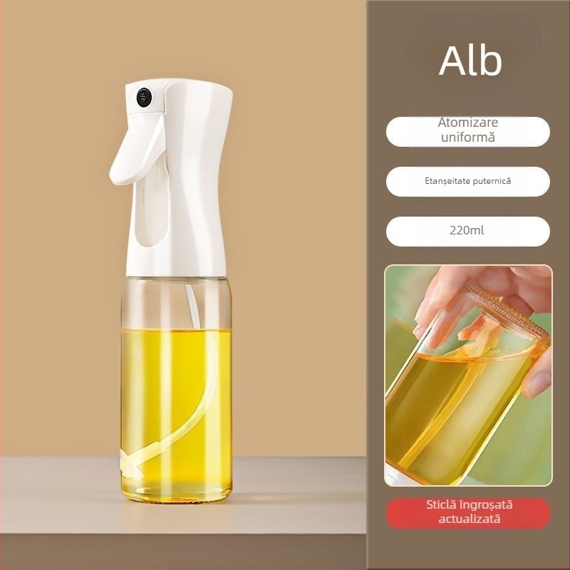 Sticlă spray ulei pentru bucătărie din sticlă — deschidere/închidere automată, design simplu și modern, recipient pentru ulei, lansat în 2025