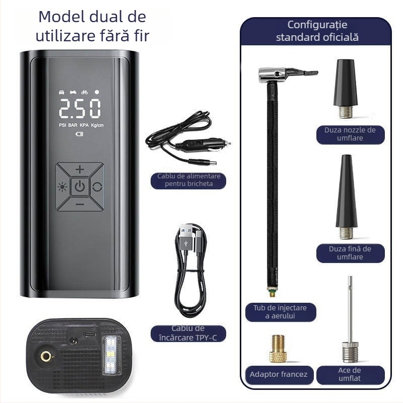 Compresor auto portabil pentru pneuri, cu afișaj digital, 12V, 120W, debit 35 L/min, fără fir