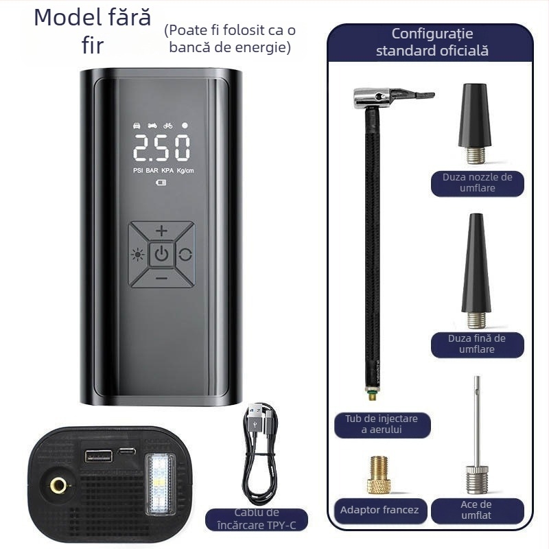 Compresor auto portabil pentru pneuri, cu afișaj digital, 12V, 120W, debit 35 L/min, fără fir