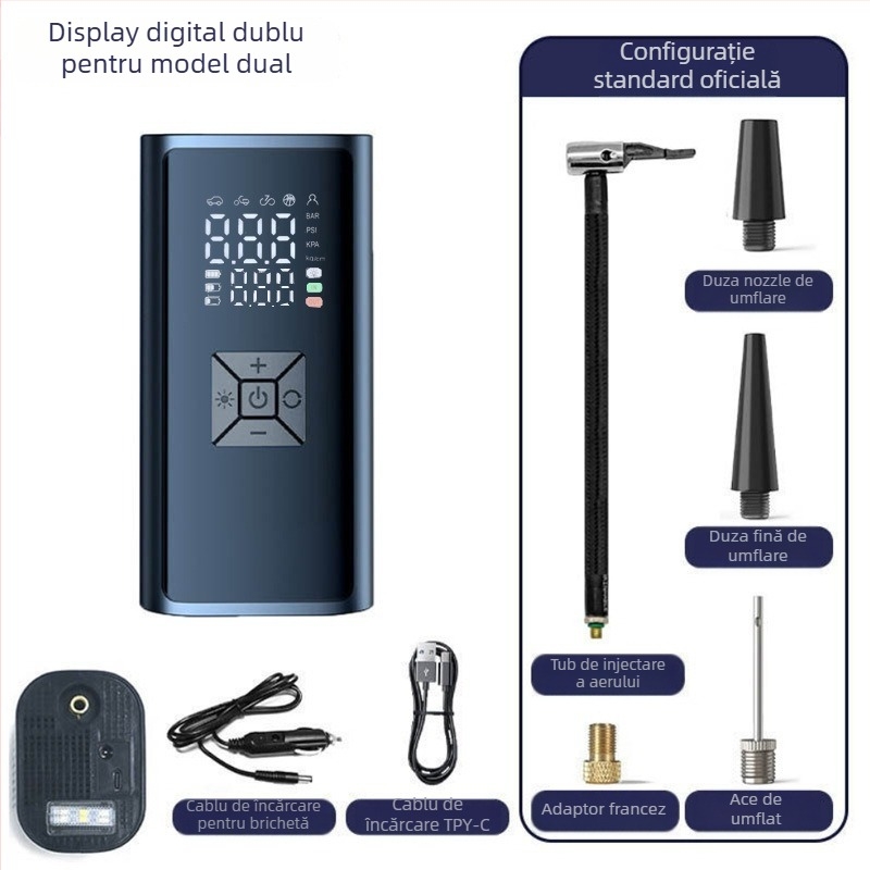 Compresor auto portabil pentru pneuri, cu afișaj digital, 12V, 120W, debit 35 L/min, fără fir