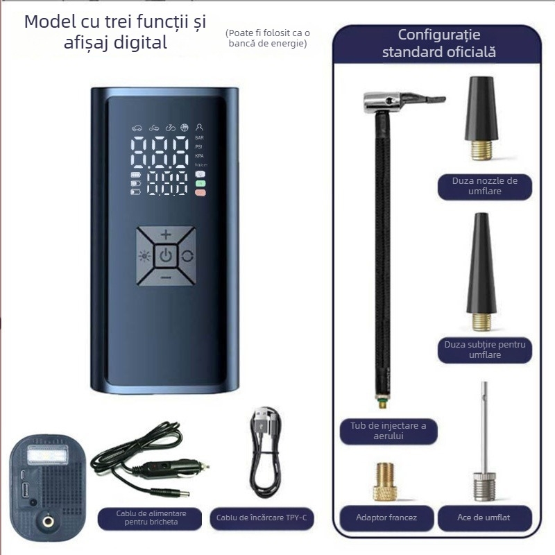 Compresor auto portabil pentru pneuri, cu afișaj digital, 12V, 120W, debit 35 L/min, fără fir