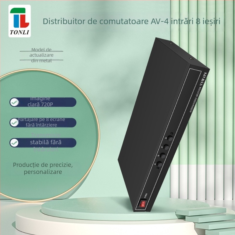 Dispozitiv distribuție AV 4x8, 4 intrări, 8 ieșiri, lățime de bandă 200M, distanță de transmisie 100 m, alimentare 220V 50Hz
