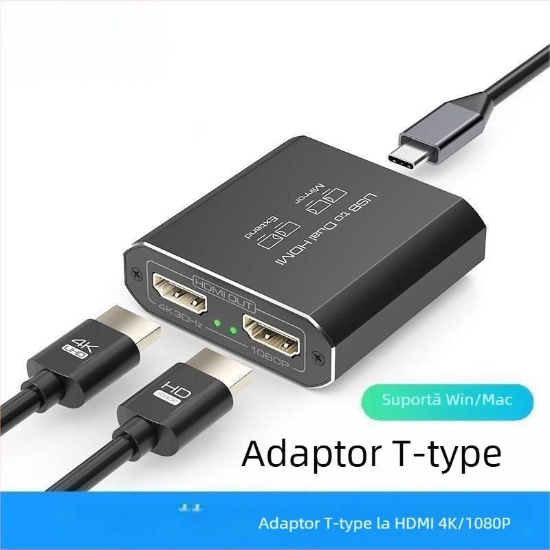 Type-C către HDMI splitter cu 2 ieșiri HDMI 4K, USB 3.0 intrare, cablu de 5 m