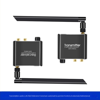 Kit transmisie/recepție audio 2.4G, fără întârziere, 50 m rază, 1080P, include transmisor, receptor, manual și cablu USB