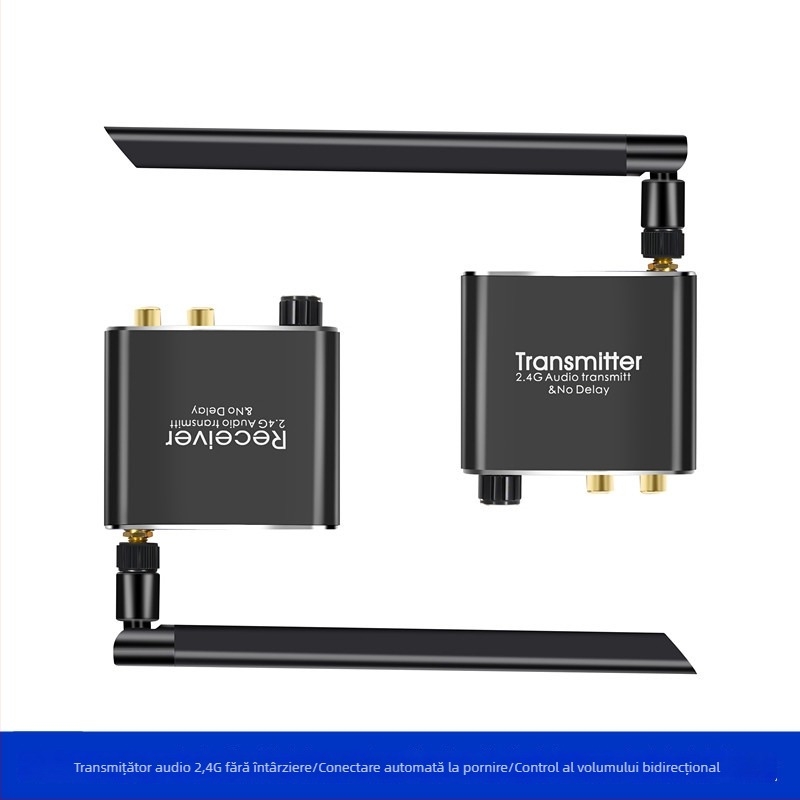 Kit transmisie/recepție audio 2.4G, fără întârziere, 50 m rază, 1080P, include transmisor, receptor, manual și cablu USB