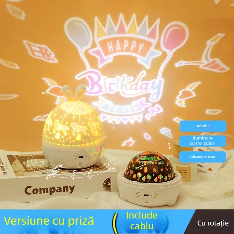 Proiector cu cer înstelat și cutie muzicală — lampă de noapte pentru copii, alimentare USB sau baterie, cu sunet, fără control inteligent