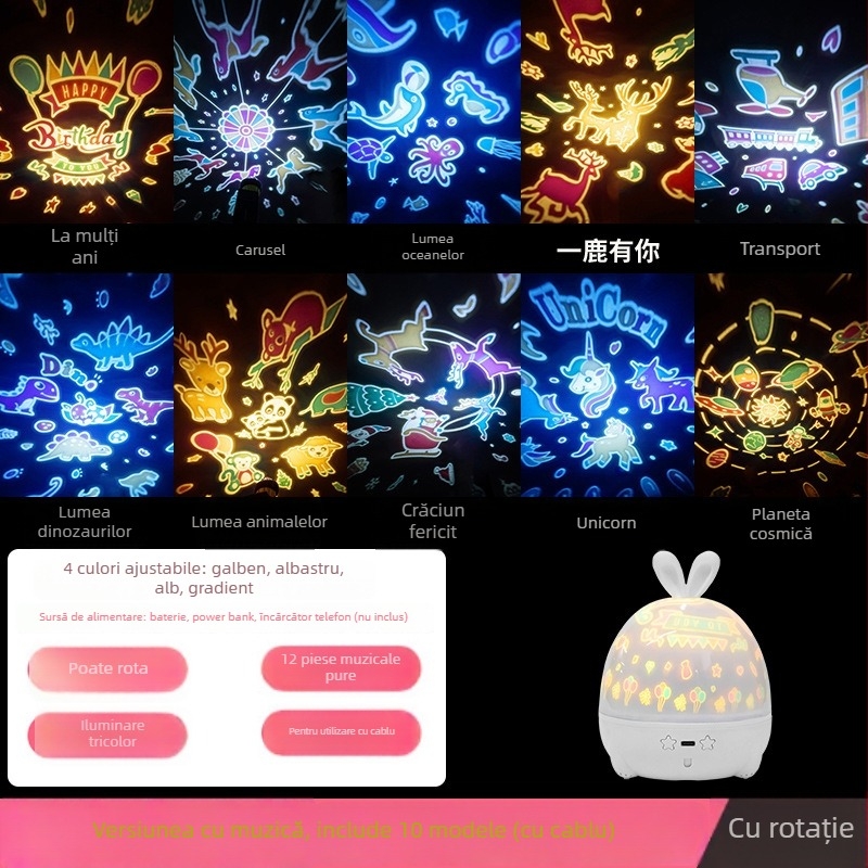 Proiector cu cer înstelat și cutie muzicală — lampă de noapte pentru copii, alimentare USB sau baterie, cu sunet, fără control inteligent