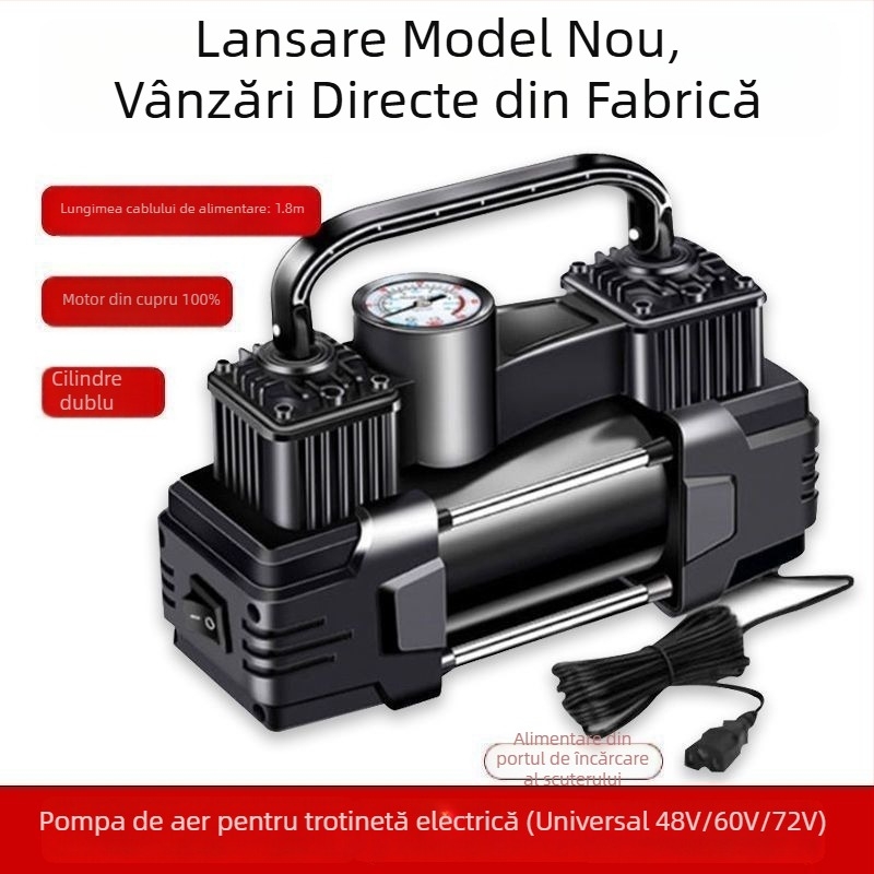 Pompa de aer pentru vehicule electrice, dublu cilindru, 220W, 12V, reîncărcabilă, afișaj digital