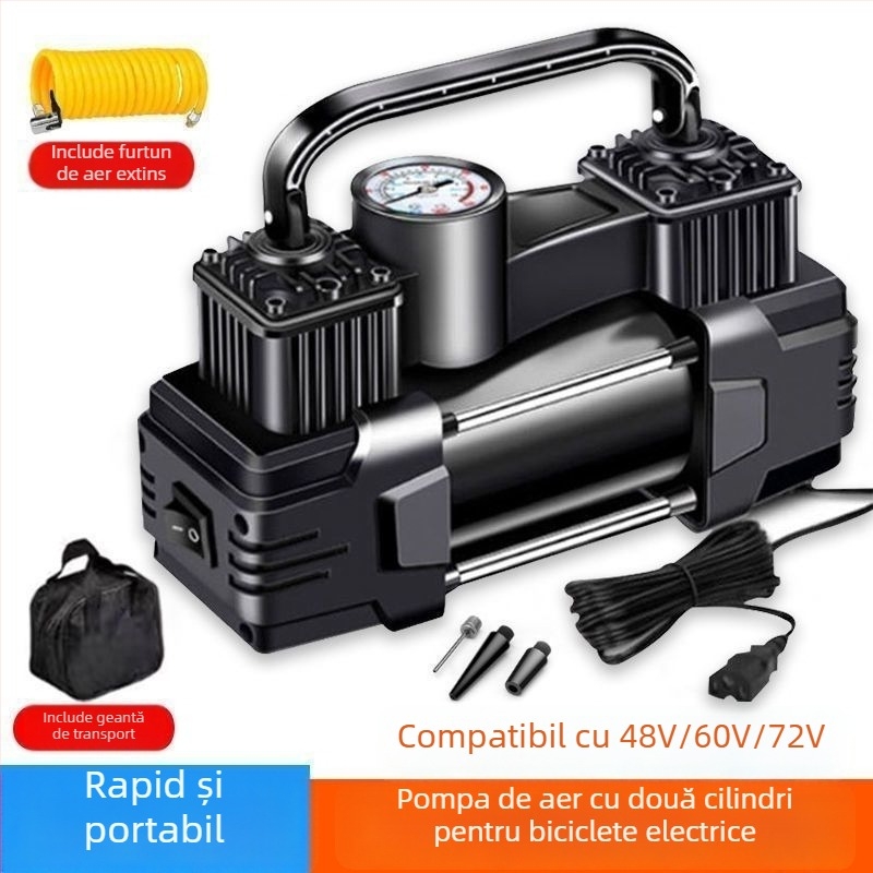 Pompa de aer pentru vehicule electrice, dublu cilindru, 220W, 12V, reîncărcabilă, afișaj digital