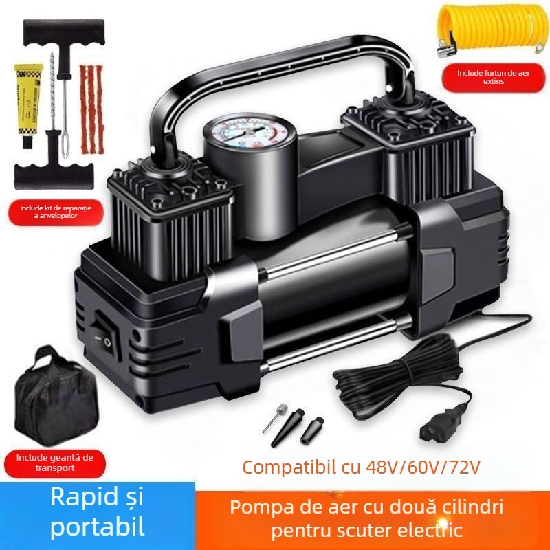 Pompa de aer pentru vehicule electrice, dublu cilindru, 220W, 12V, reîncărcabilă, afișaj digital