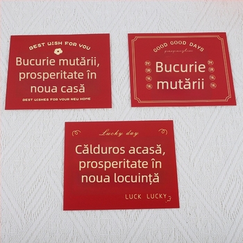 Carte de felicitare pentru mutarea într-un nou cămin și deschiderea afacerii – hârtie, imprimare, stil simplu și modern, mesaj de binecuvântare scris de mână, plic cadou