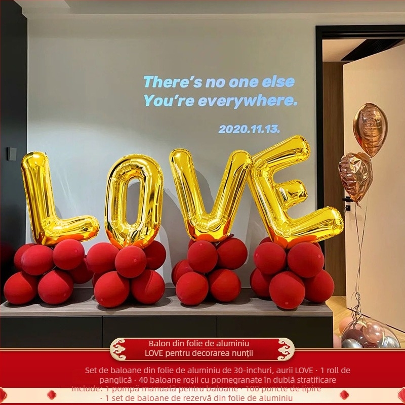 Set decor baloane pentru living la nunta cu simboluri ale fericirii duble – flori de mătase, Hongyuan, cod F98TJ55JM669HS