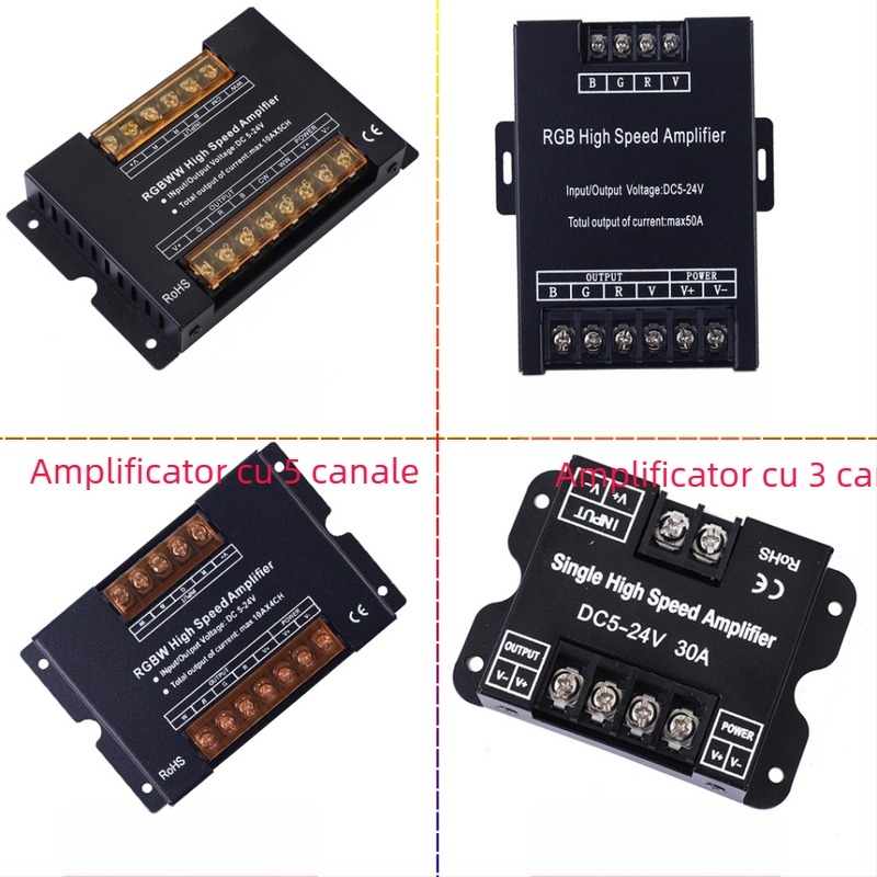 Amplificator pentru bandă LED RGBWW, repetor sincronizat (5-24V; Mod de control: Sincronizare; Mod semnal: PWM; Interfață: Terminale; IP20)