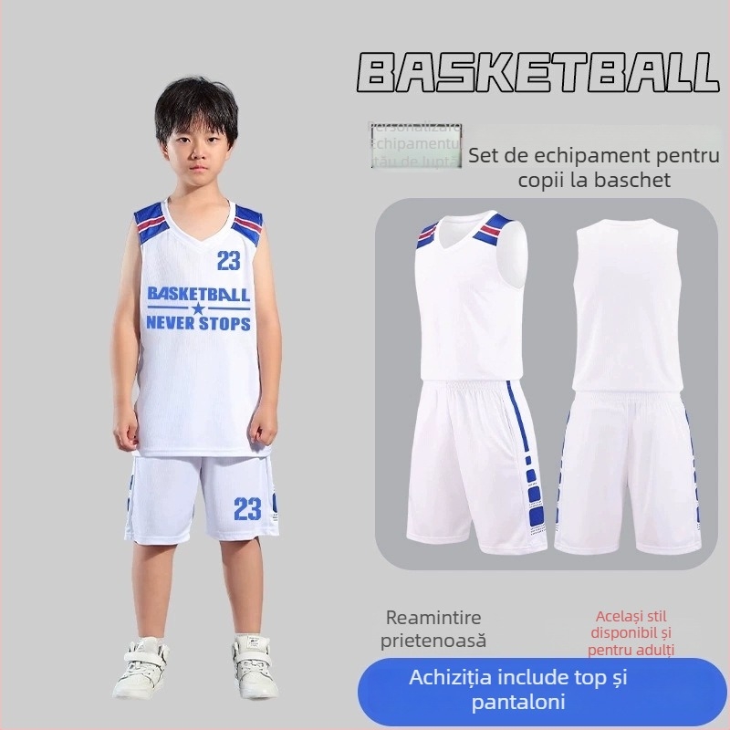 Set de uniformă baschet – Unisex adulți, Tricou fără mâneci cu decolteu în V, Țesătură poliester, Uscare rapidă și respirabil