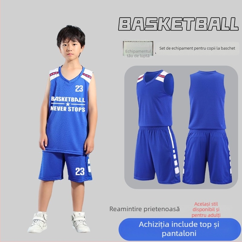 Set de uniformă baschet – Unisex adulți, Tricou fără mâneci cu decolteu în V, Țesătură poliester, Uscare rapidă și respirabil