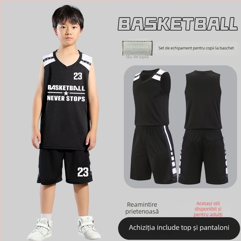 Set de uniformă baschet – Unisex adulți, Tricou fără mâneci cu decolteu în V, Țesătură poliester, Uscare rapidă și respirabil