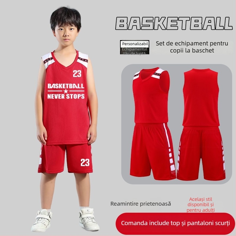 Set de uniformă baschet – Unisex adulți, Tricou fără mâneci cu decolteu în V, Țesătură poliester, Uscare rapidă și respirabil