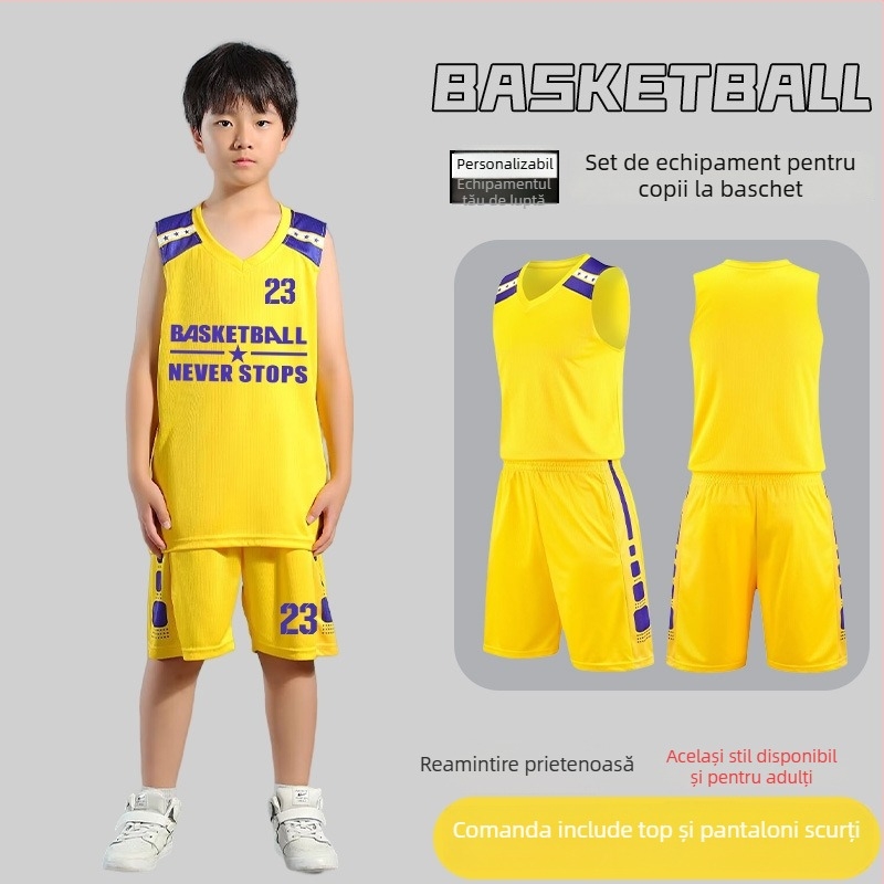 Set de uniformă baschet – Unisex adulți, Tricou fără mâneci cu decolteu în V, Țesătură poliester, Uscare rapidă și respirabil