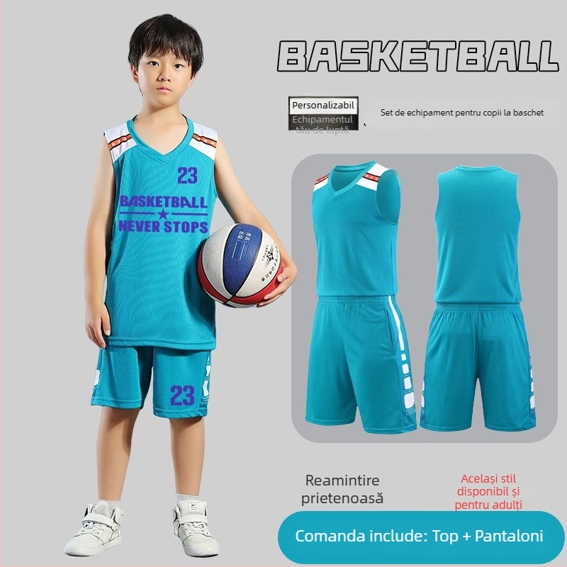 Set de uniformă baschet – Unisex adulți, Tricou fără mâneci cu decolteu în V, Țesătură poliester, Uscare rapidă și respirabil