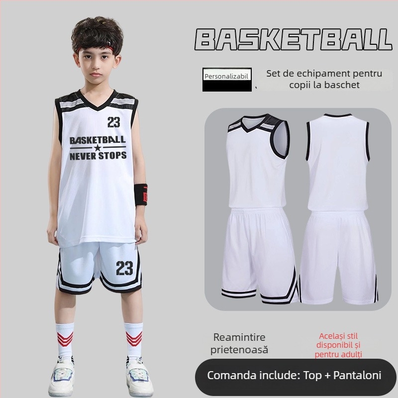 Set de uniformă baschet – Unisex adulți, Tricou fără mâneci cu decolteu în V, Țesătură poliester, Uscare rapidă și respirabil