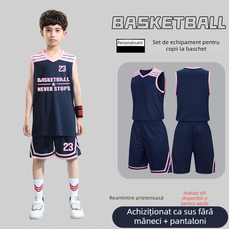 Set de uniformă baschet – Unisex adulți, Tricou fără mâneci cu decolteu în V, Țesătură poliester, Uscare rapidă și respirabil