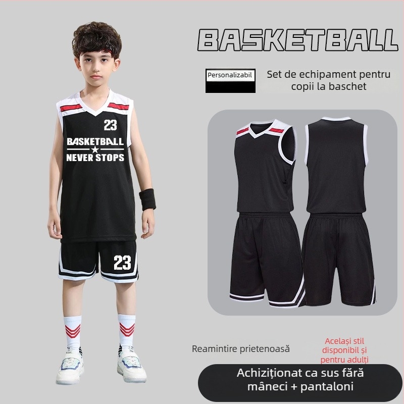 Set de uniformă baschet – Unisex adulți, Tricou fără mâneci cu decolteu în V, Țesătură poliester, Uscare rapidă și respirabil