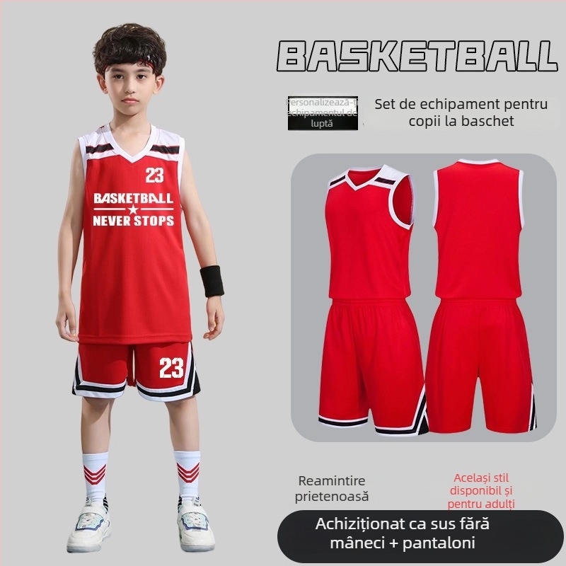 Set de uniformă baschet – Unisex adulți, Tricou fără mâneci cu decolteu în V, Țesătură poliester, Uscare rapidă și respirabil