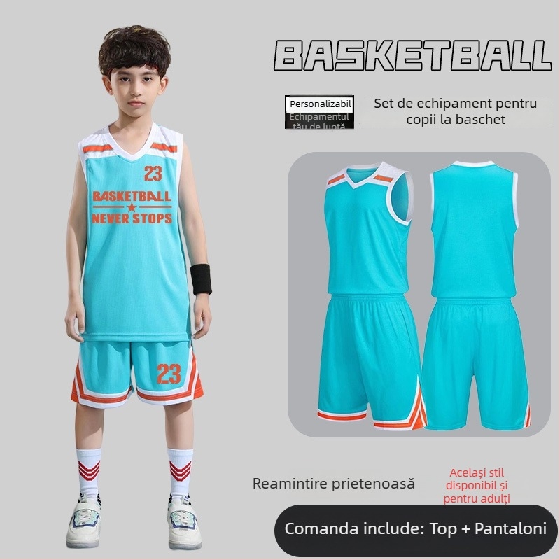 Set de uniformă baschet – Unisex adulți, Tricou fără mâneci cu decolteu în V, Țesătură poliester, Uscare rapidă și respirabil