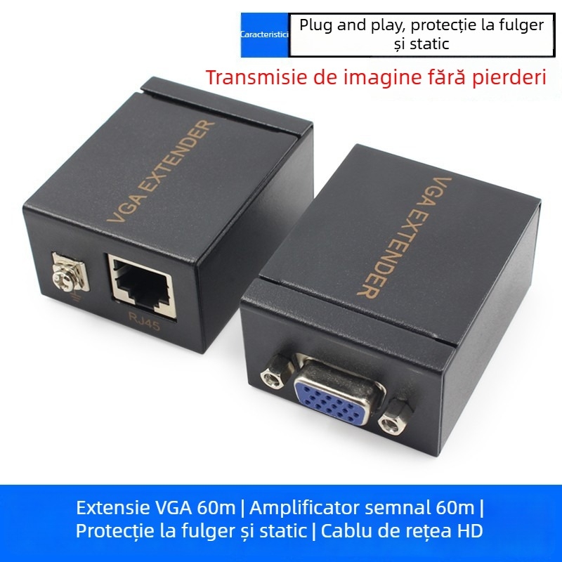 Extender VGA 60m cu amplificator de semnal, protecţie la fulger, anti-static, transmisie HD