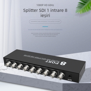 Distribuitor SDI 1 intrare 8 ieșiri, Broadcast-grade 3G-SDI/HD-SDI, transmisie 100 m, tensiune 5–12 V, 10 W