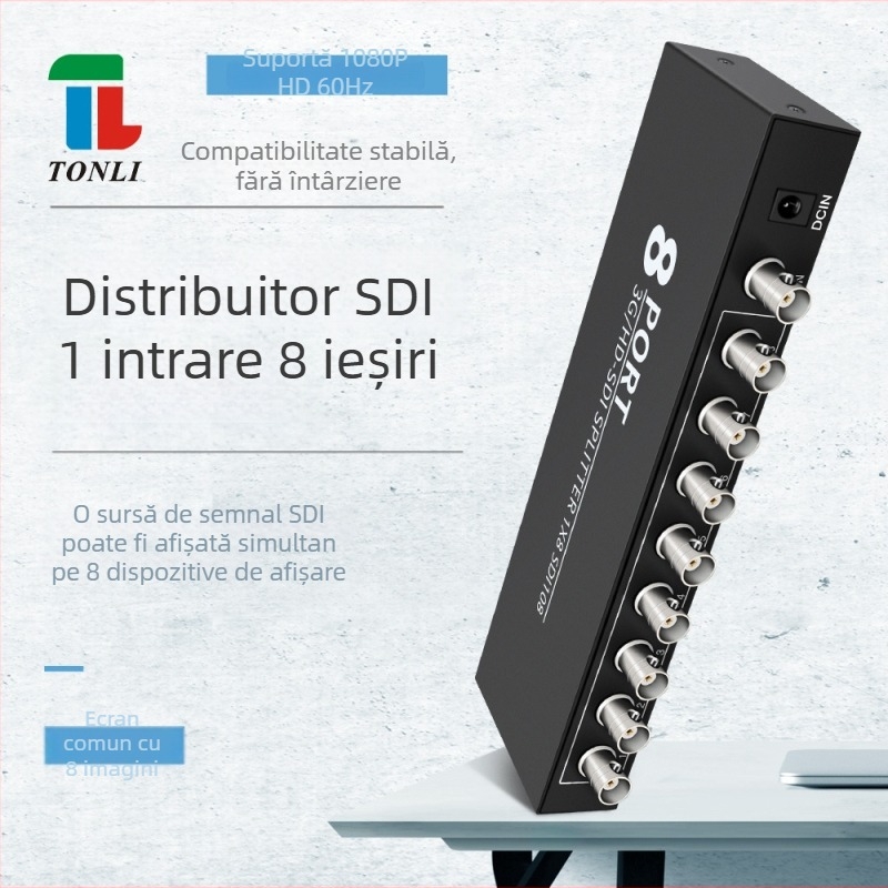 Distribuitor SDI 1 intrare 8 ieșiri, Broadcast-grade 3G-SDI/HD-SDI, transmisie 100 m, tensiune 5–12 V, 10 W