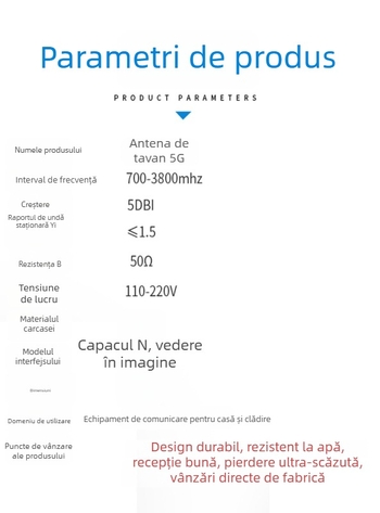 Antena cu cap de ciupercă, omnidirecțională, montată pe tavan, comunicație 5G pentru rețea completă, amplificator de semnal pentru telefonul mobil și WiFi (Model YJ031, Câștig 5, Interval de frecvențe 700–3800 MHz, Impedanță 50 Ω, SWR ≤ 1,5)
