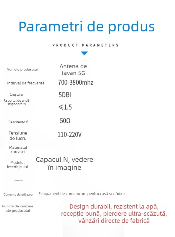 Antena cu cap de ciupercă, omnidirecțională, montată pe tavan, comunicație 5G pentru rețea completă, amplificator de semnal pentru telefonul mobil și WiFi (Model YJ031, Câștig 5, Interval de frecvențe 700–3800 MHz, Impedanță 50 Ω, SWR ≤ 1,5)