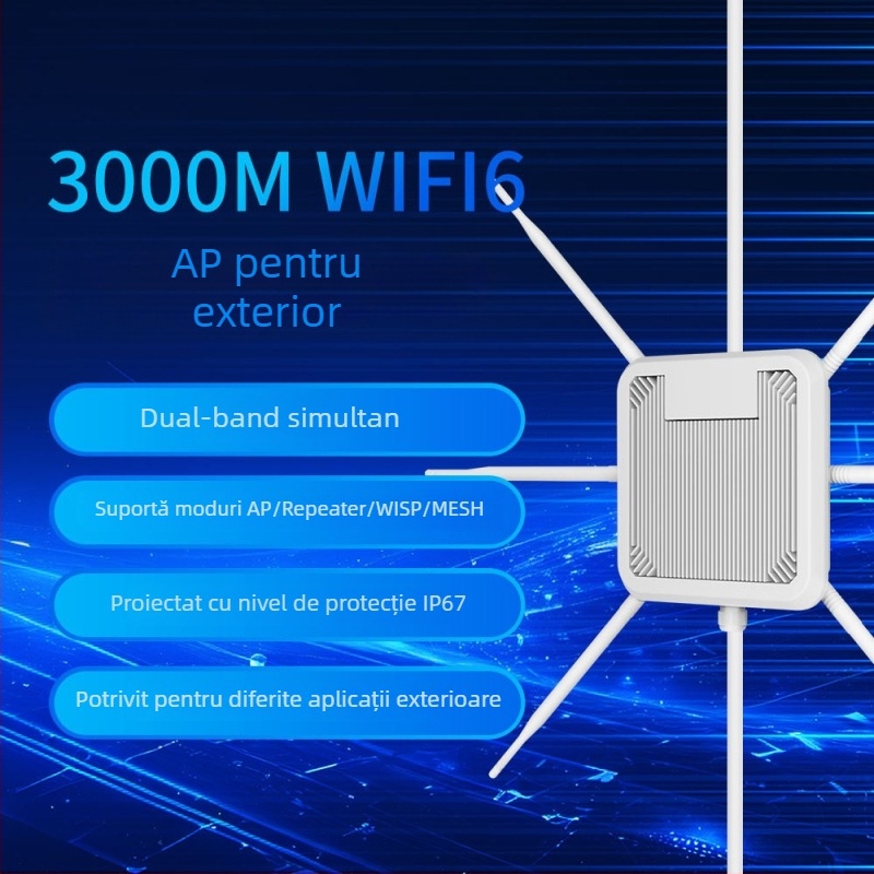 Punct de acces wireless WiFi 6 AX3000, dual-band, IP67 rezistent la apă, repetor/amplificator de semnal pentru acoperire la distanțe mari, alimentare POE, până la 300 m distanță, 3000 Mbps