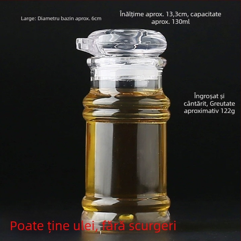 Set de sticle din acrilic pentru ulei și condimente – include sticlă de ulei, sticlă de oțet, sticlă de sos, borcan de ardei iute și borcănel de condimente; design modern minimalist pentru bucătăria unui restaurant.