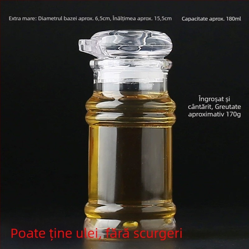 Set de sticle din acrilic pentru ulei și condimente – include sticlă de ulei, sticlă de oțet, sticlă de sos, borcan de ardei iute și borcănel de condimente; design modern minimalist pentru bucătăria unui restaurant.
