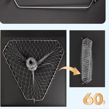 Cap de plasă de pescuit triunghiular pliabil, cu inel din oțel inoxidabil, pentru capturi mari, plasă cu ochi fini