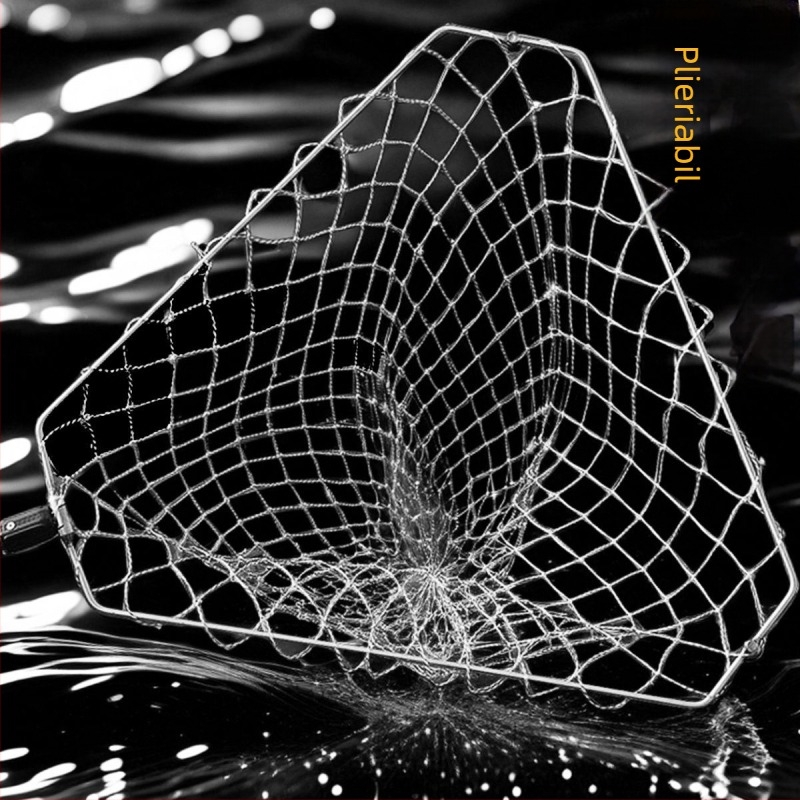 Cap de plasă de pescuit triunghiular pliabil, cu inel din oțel inoxidabil, pentru capturi mari, plasă cu ochi fini
