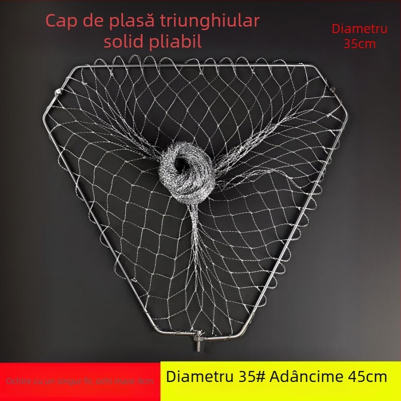 Cap de plasă de pescuit triunghiular pliabil, cu inel din oțel inoxidabil, pentru capturi mari, plasă cu ochi fini